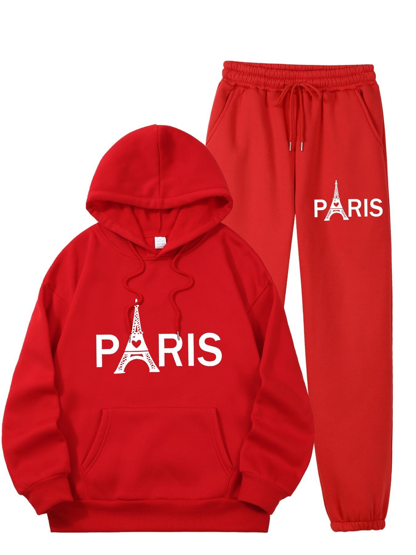 Mens Fashion Casual - Damen-Trainingsanzug mit Eiffelturm-Motiv, 2-teilig, lässiges Sportoutfit,
