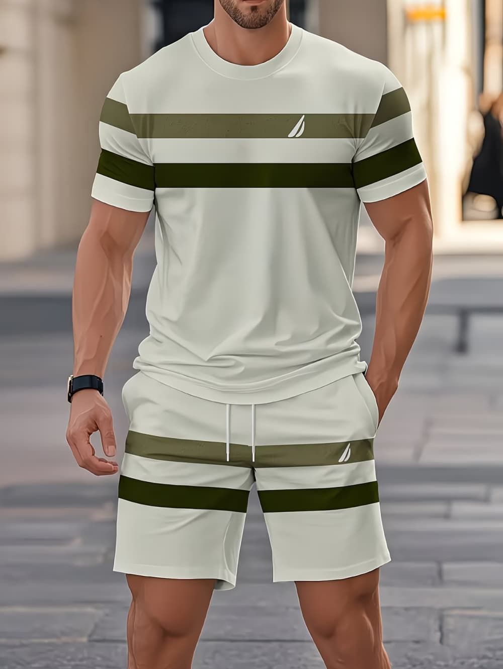 Mens Fashion Ideas - Herren-Sommer-Sets, lustiges 3D-Streifen-Print-Kurzarm-T-Shirt + Shorts, 2-teiliges