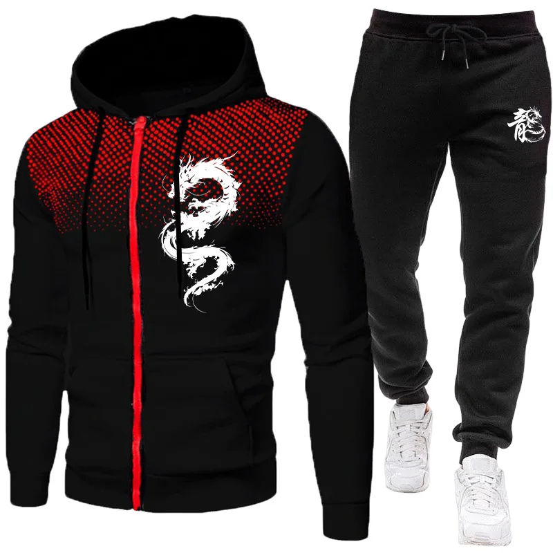 Men'S Fashion Hoodie - Herren Paris Drachenmuster Mode-Print-Set Zweiteiliges Set