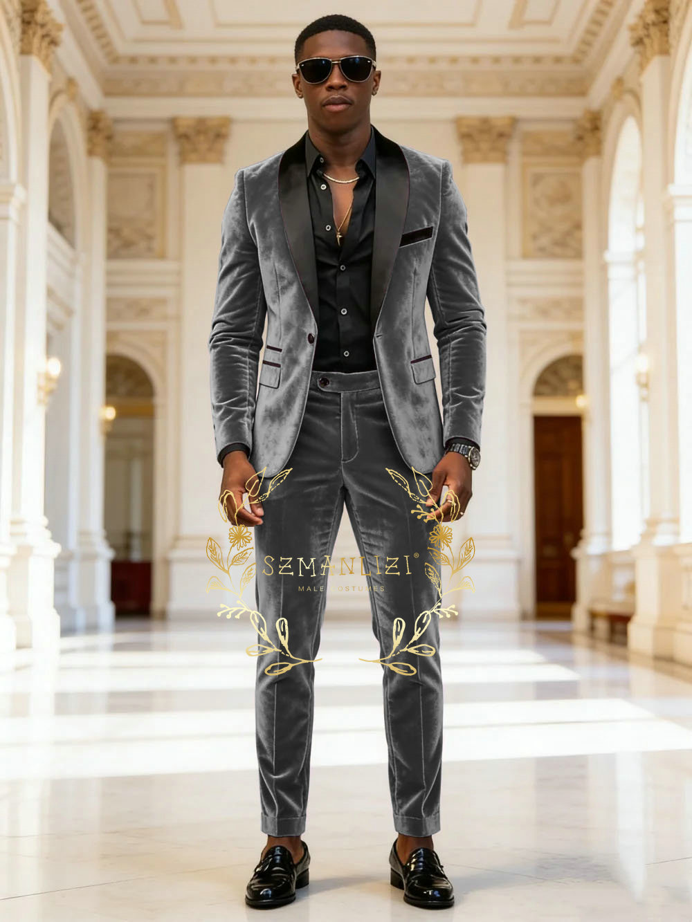 Mens Fashion Dark Grey Pants - Dunkelgrauer Samt 2-Teiliger Herrenanzug Set Modischer