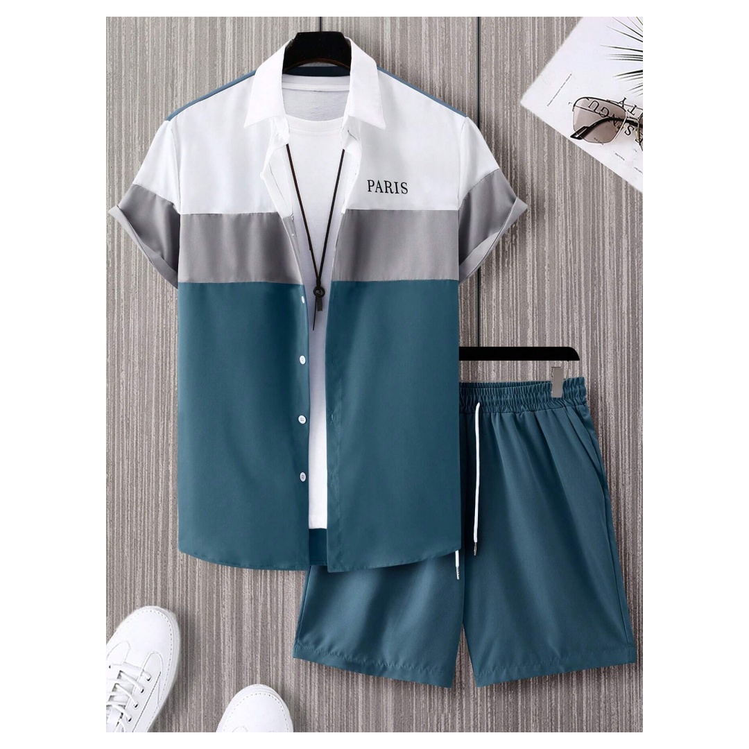 Mens Fashion Ideas - Herrenmode-Anzug, blau-weiß patchworkfarben, einreihig, kurzärmeliges Revershemd
