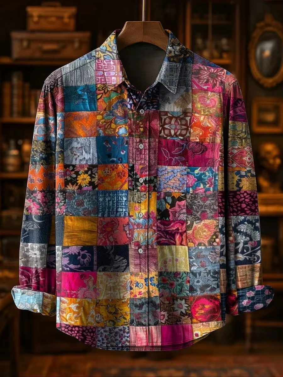 Mens Fashion Casual - Herrenmode Lässiges Patchwork-Design Leinenhemd mit Blumenmuster